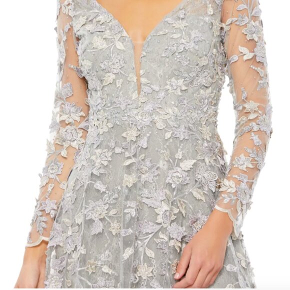 MAC DUGGAL 70224 FLORAL APPLIQUE LONG LSEEVE ILLUSIONS PLATINUM GOWN sz 12 - Picture 3 of 4